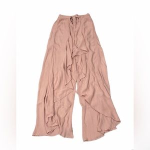 Forever 21 Women Solid Pink Waist Tie-Up Ruffled Maxi Skirt Open Leg Pants Small